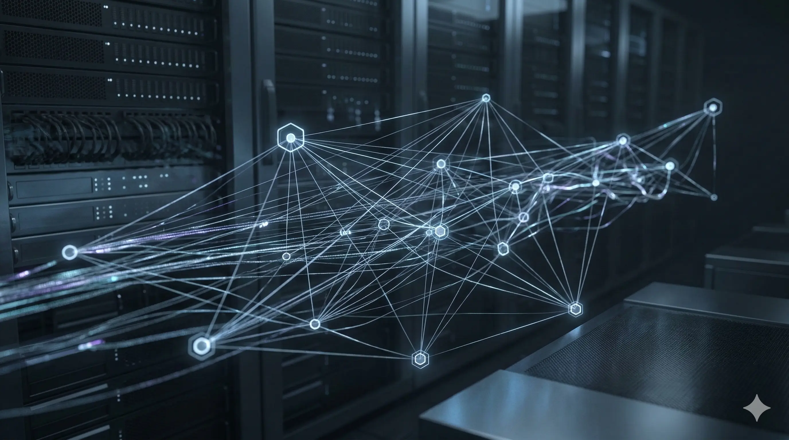 Glowing network of connected nodes in front of server racks